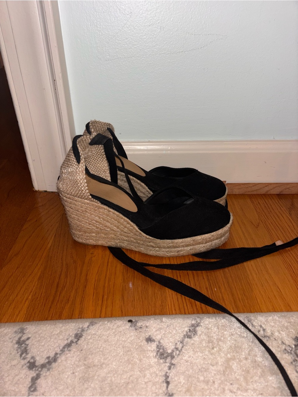 Castaner Black Espadrille Wedge Sandals with Ankle Tie